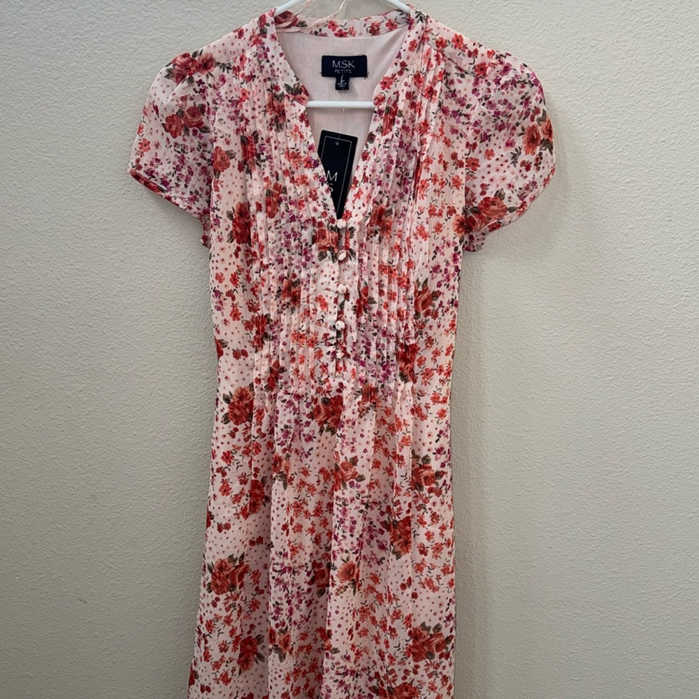 AVAILABLE 
MSK petite pink dress with buttons in front and waist tie bow in back